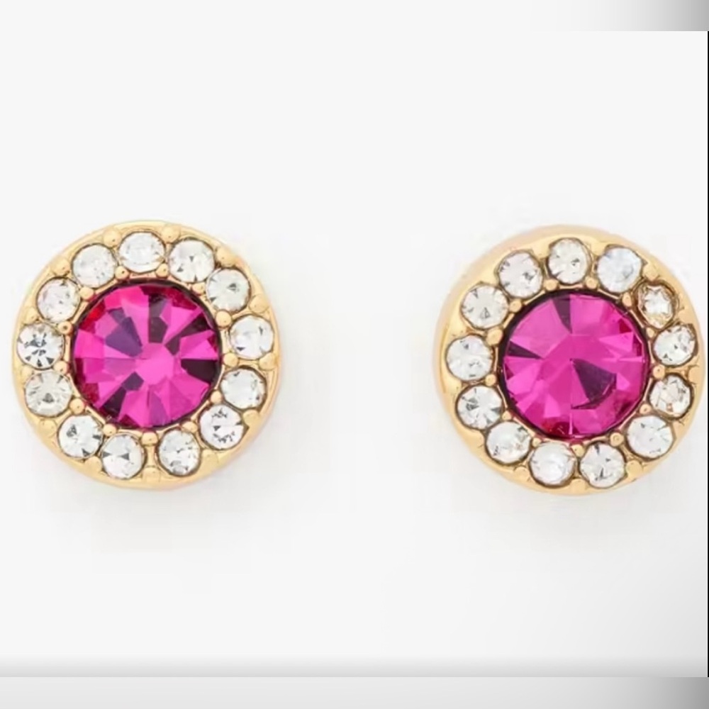 Late Spade “You're A Gem” Pink and Gold Stud Pave Halo Stud earrings w/dust bag - Picture 2 of 6